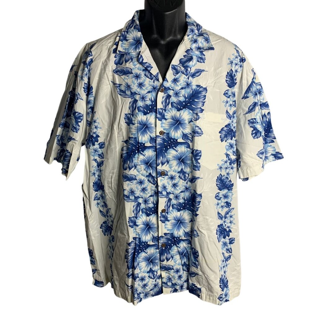 Vintage 90s Two Palms Hawaiian Camp Shirt 2XL White Floral Buttons Chest Pocket